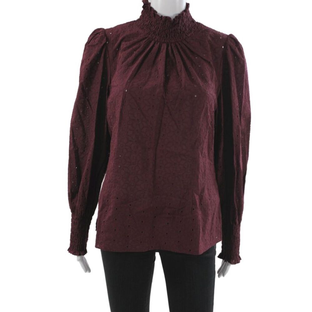 Veronica Beard Womens Retro High Neck Cotton Blouse Brown Long Sleeve Size 10